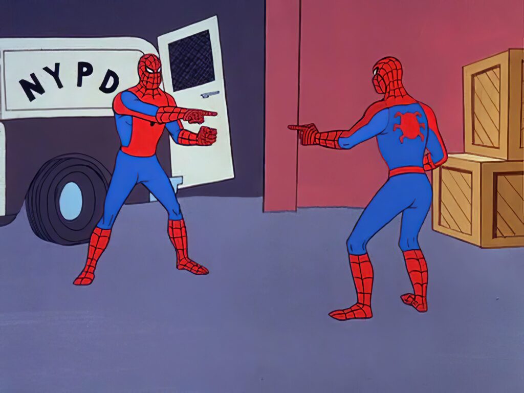 Meme of spiderman showing identity theft